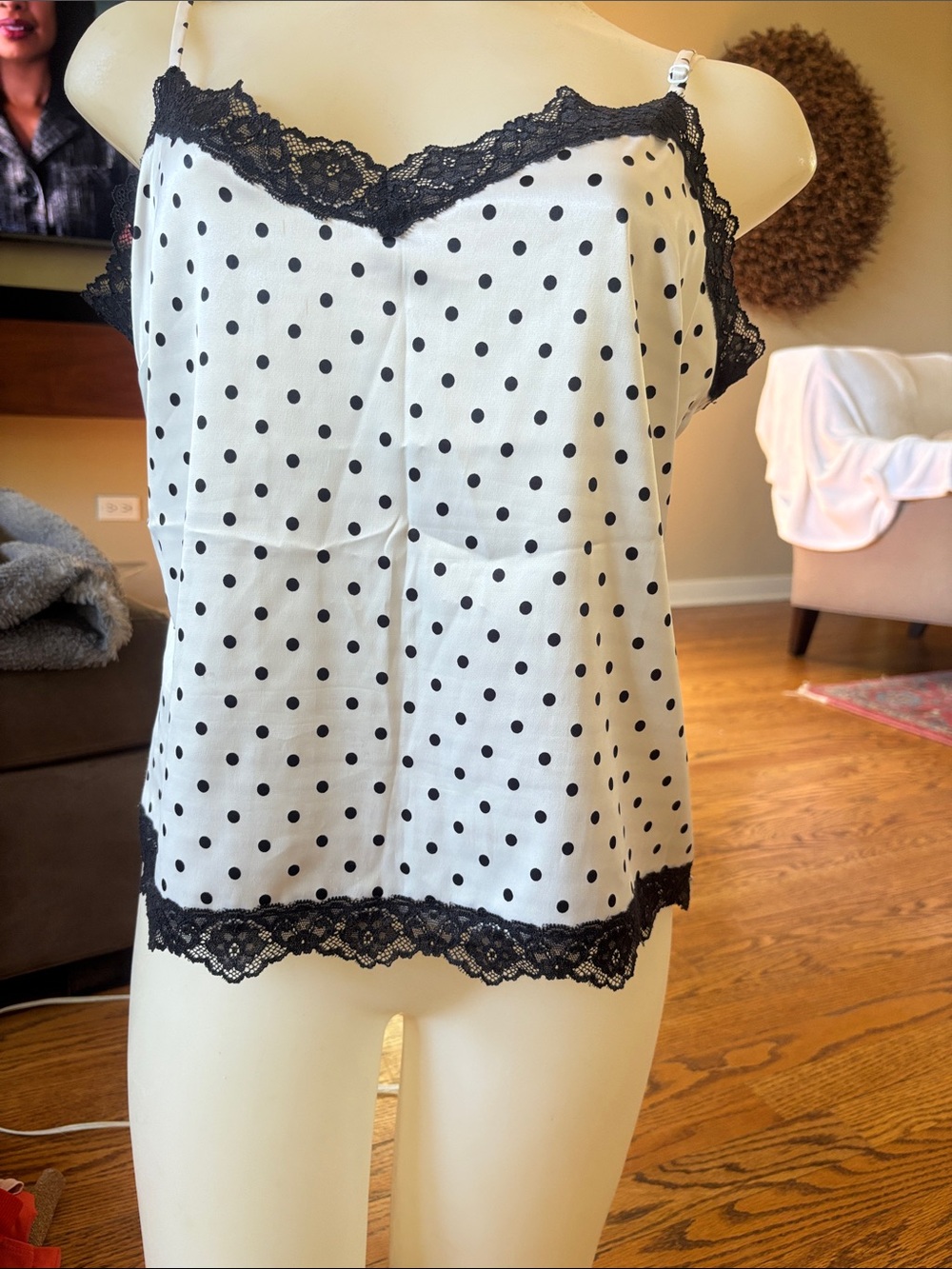 Classiques Entier White & Black Polka Dot Lace-Trim Chemise size M